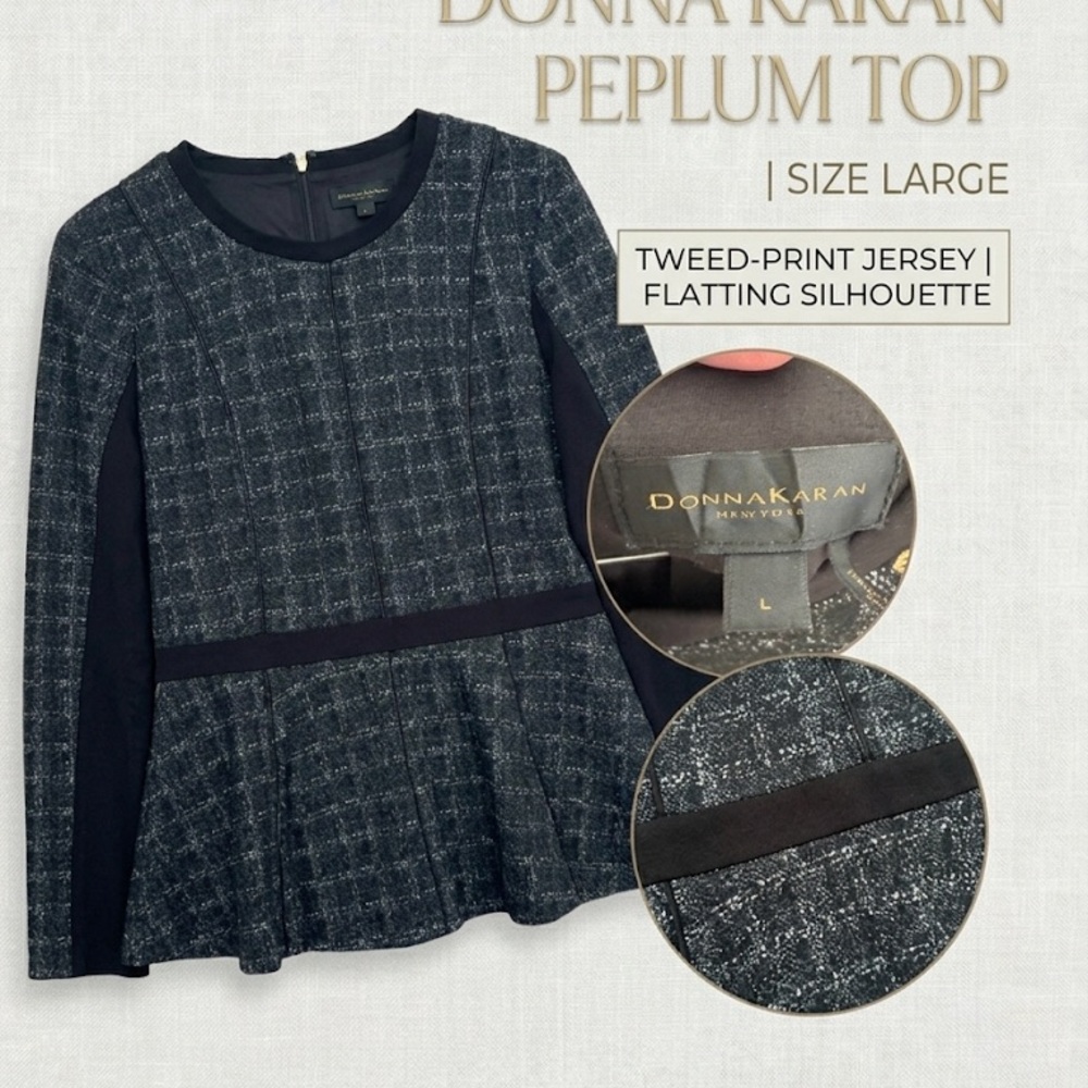 Donna Karan Navy and Black Tweed-Print Peplum Tunic